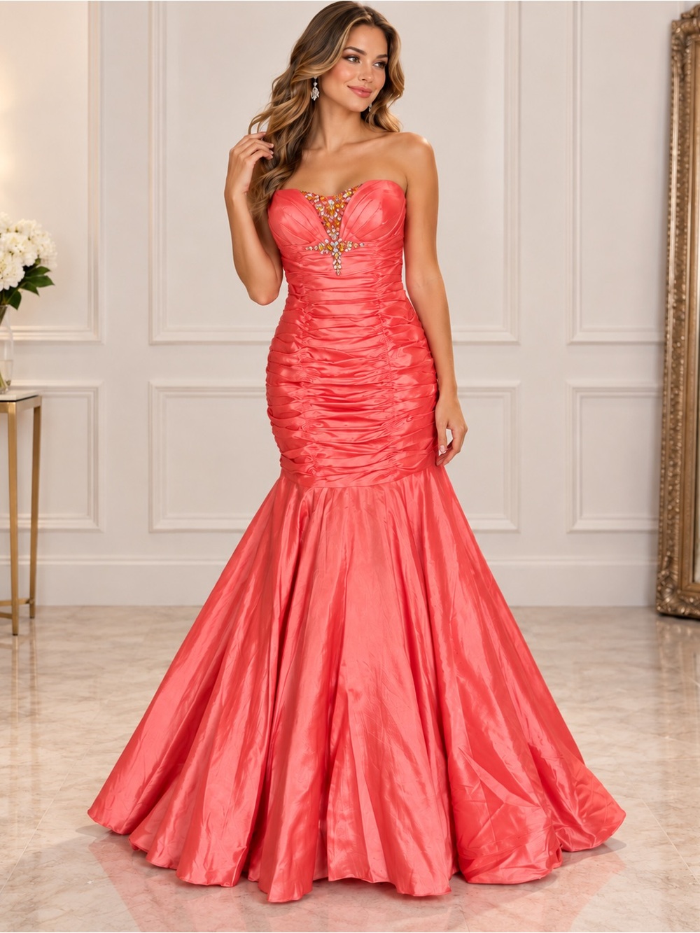 Tony Bowls Le Gala Size 16 Coral Strapless Mermaid Prom Formal Gown